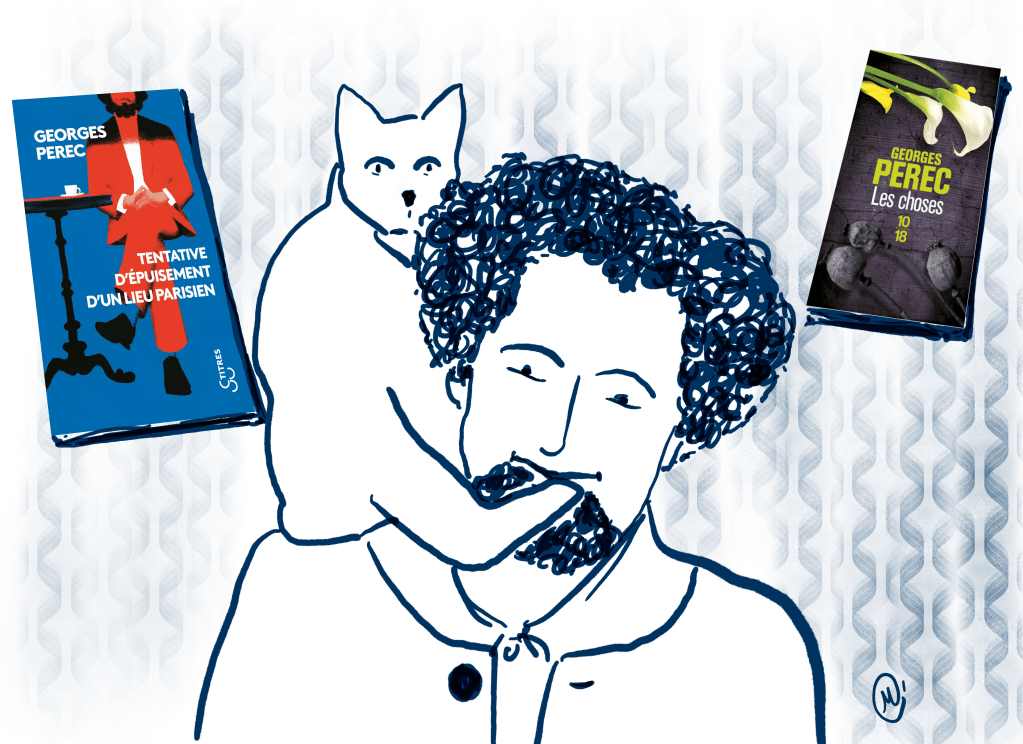 Perec avec son chat. Dessin.